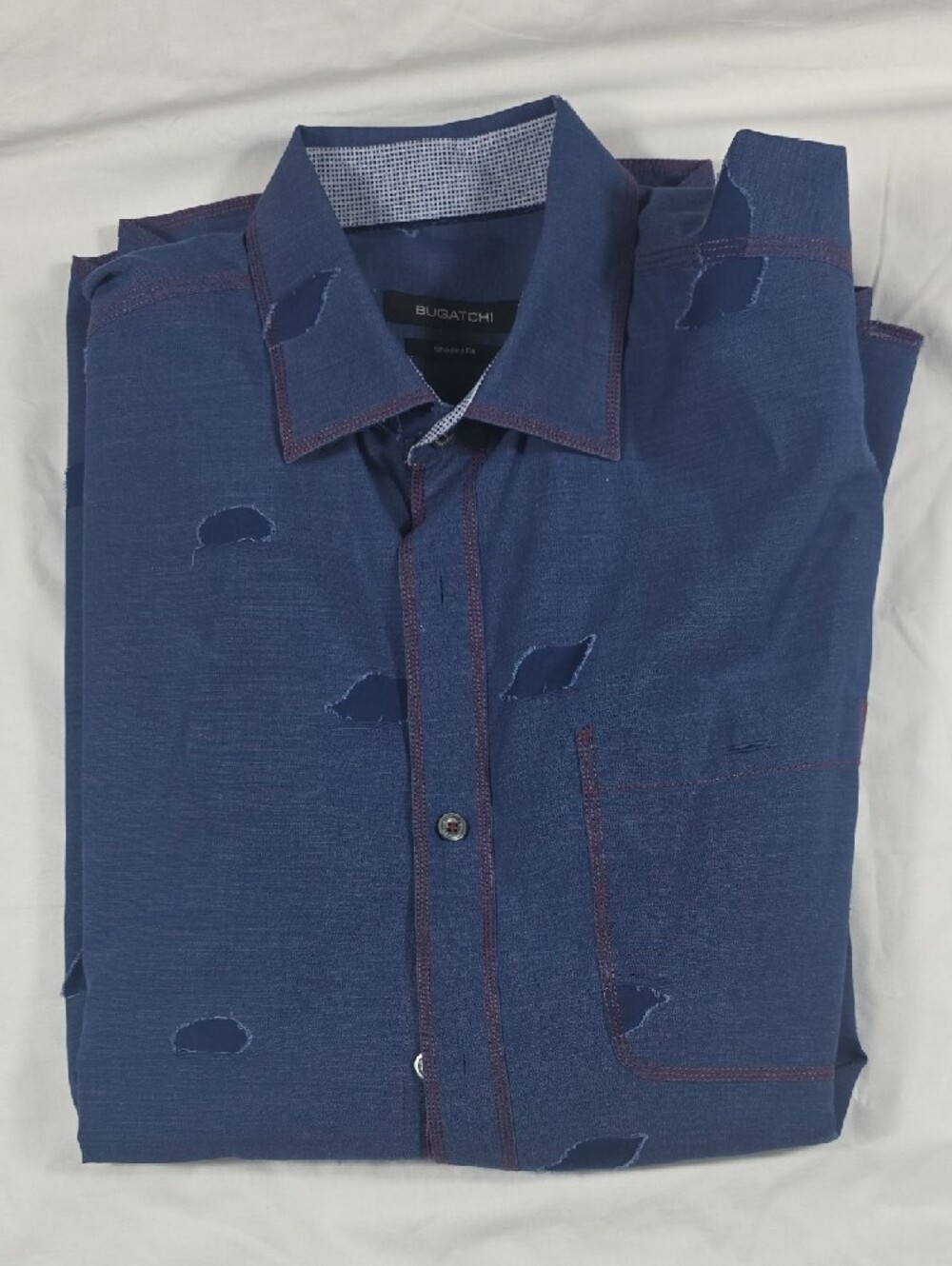 Bugatchi Navy Blue Long-Sleeve Button-Down Shirt with Subtle Patch Motif - Picture 4 of 7